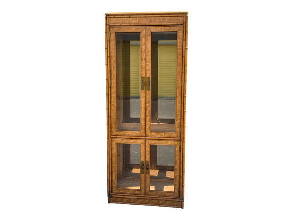 Vintage Dixie Bamboo Herringbone 4 Glass Doors Mirror Back China Cabinet Lighted