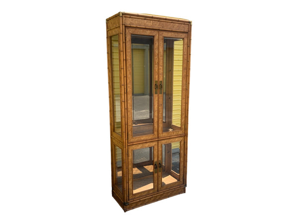 Vintage Dixie Bamboo Herringbone 4 Glass Doors Mirror Back China Cabinet Lighted