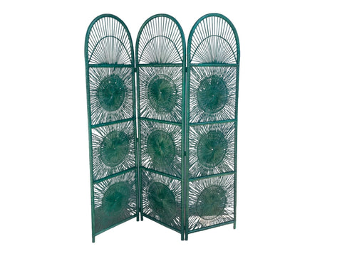 Vintage Rattan Sunburst Style Rounded Top Room Divider Green painted