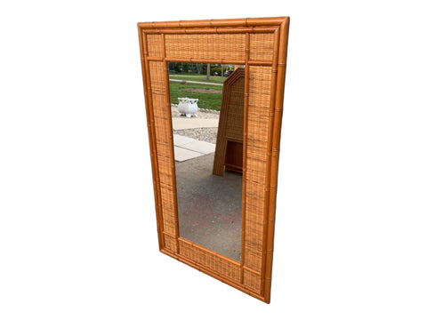 Vintage Bamboo Mirror With Woven wicker Trim