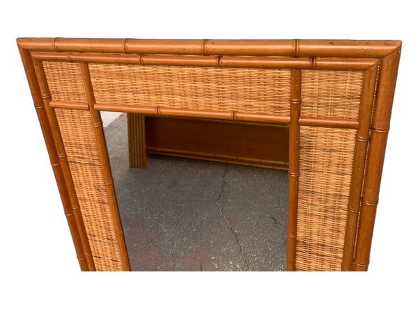 Vintage Bamboo Mirror With Woven wicker Trim