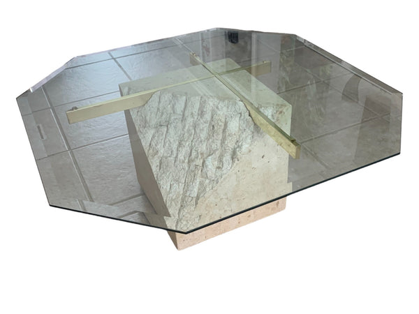 Art Deco Brass and Glass Tessellated Stone Pedestal Coffee Table