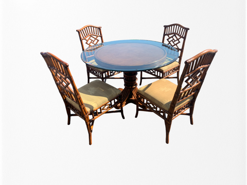 Vintage Lexington Rattan Dining Round Bistro dining Table set with 54" glass