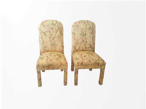 High End Upholstered Beige Parsons Dining Chairs with bamboo print fabric set 2