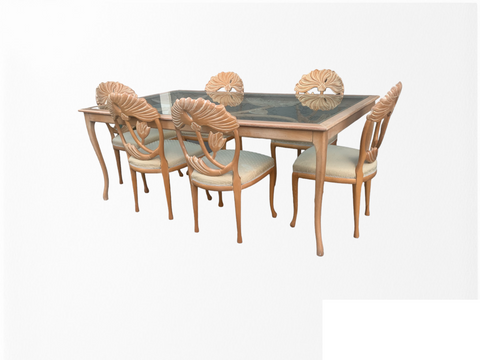 Lime Wash Lotus Floral Carved Dining set In the Manner of Phyllis Morris