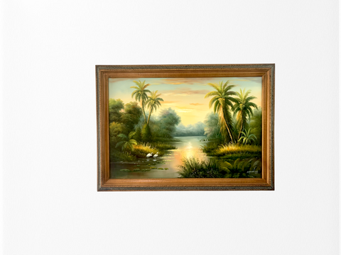 M. Harding Oil on Canvas Tropical Painting Signed 30" x 41.5