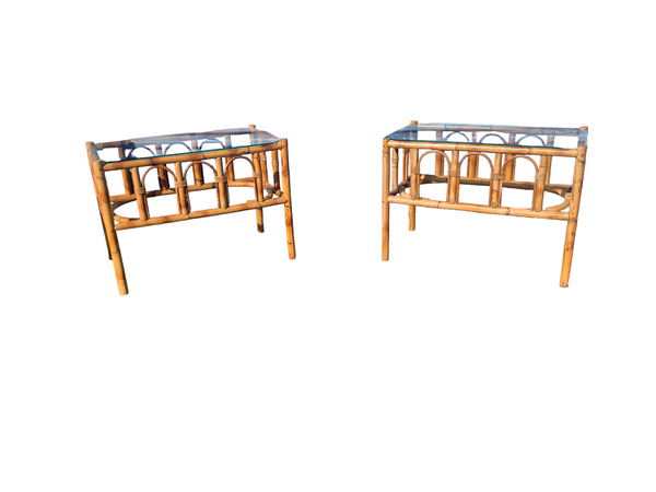 Bent Bamboo coffee Tables side end tables with glass top a Pair