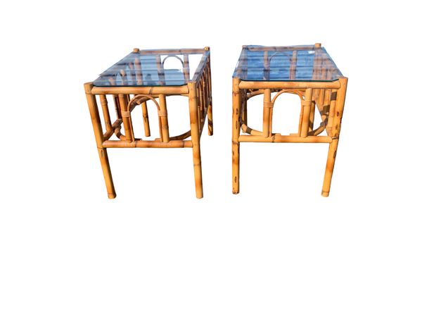 Bent Bamboo coffee Tables side end tables with glass top a Pair