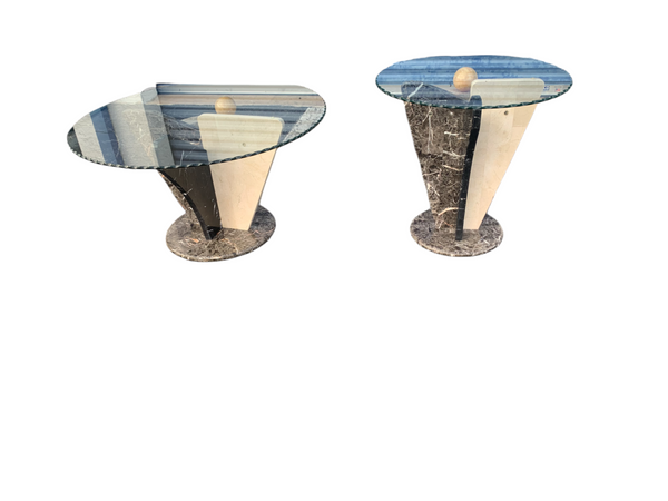 Postmodern Tessellated Marble and glass coffee and side table, 1980's.