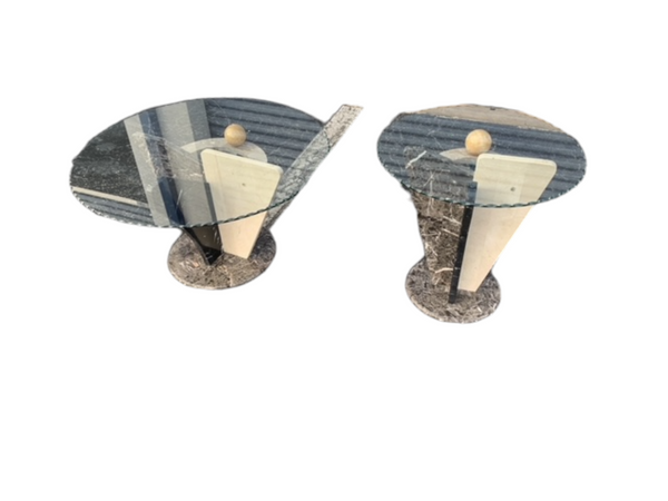 Postmodern Tessellated Marble and glass coffee and side table, 1980's.