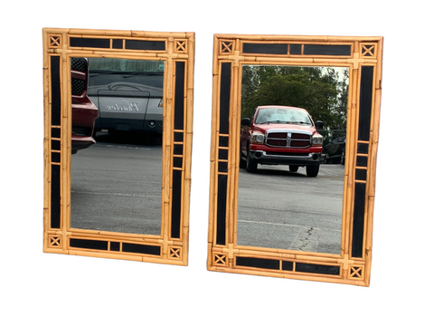 Pair of bamboo and black lacquer mirrors in the style of Vivai Del Sud.