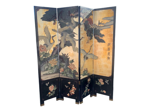 Vintage Oriental Double Side Gold  and Black Lacquer Room Divider Folding Screen