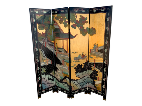 Double Side Vintage Oriental Gold  and Black Lacquer Room Divider Folding Screen