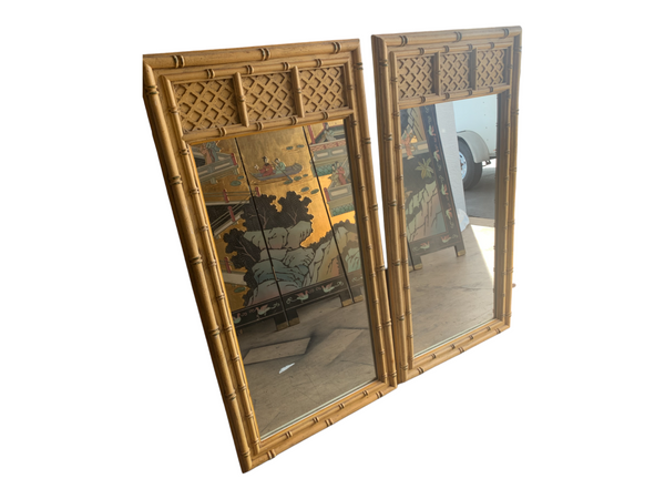 Vintage wooden faux bamboo mirrors a pair