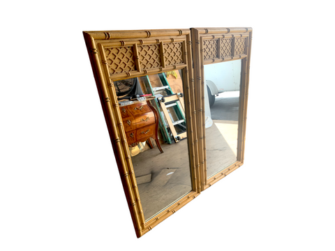 Vintage wooden faux bamboo mirrors a pair