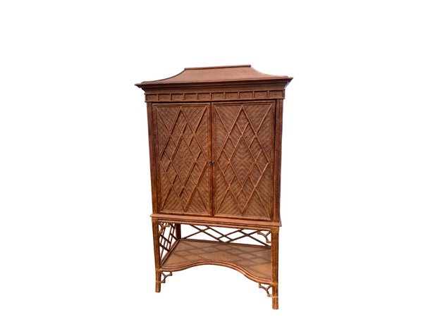 Woven Rattan Pagoda Fretwork Chippendale Style Cabinet