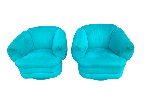 Vintage Pair of Milo Baughman Style Teal Velvet Swivel Chairs
