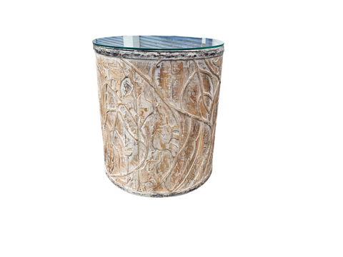 Hand-Carved Mango Wood Accent Drum Table Elephants design and glass top