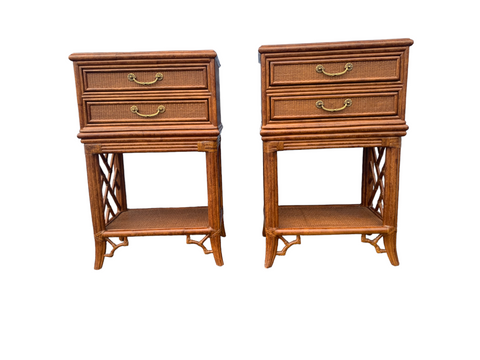 Rattan and Fretwork Chippendale Tommy Bahama Style Tall Nightstands a pair