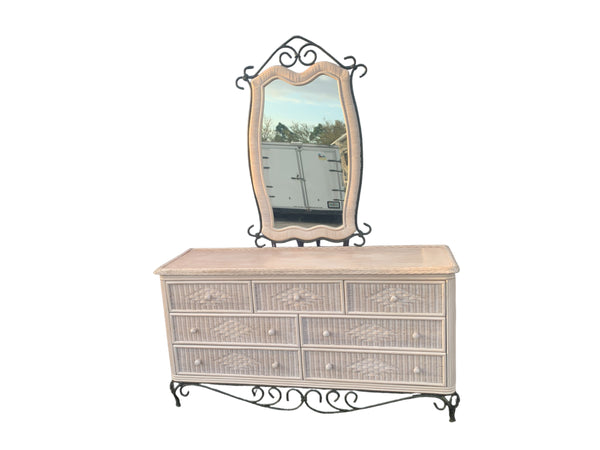 Vintage wrought iron base wicker dresser with mirror 7 drawers
