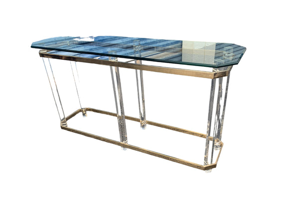 Mid Century Lucite Brass Plated and Glass Foyer Table