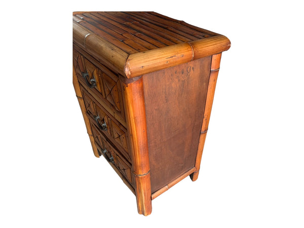 Real burnt bamboo small 3 drawers cabinet /side table with brass dragons handles