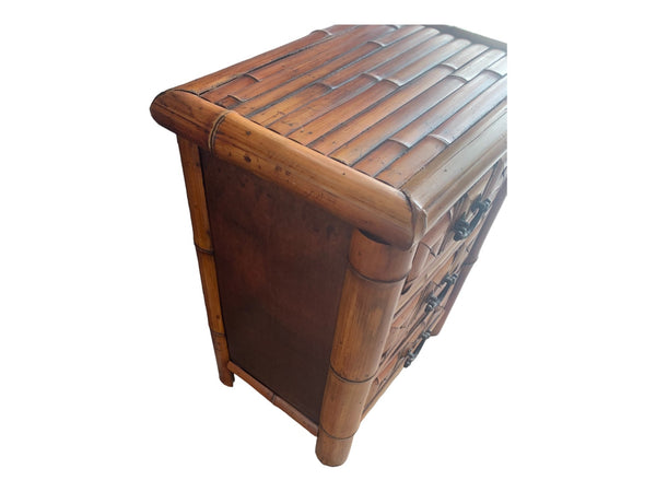 Real burnt bamboo small 3 drawers cabinet /side table with brass dragons handles