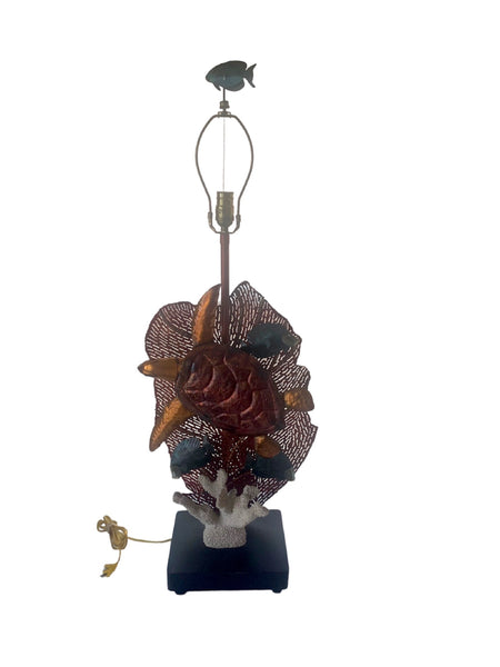 Metal turtle and fishes on faux coral table lamp RARE