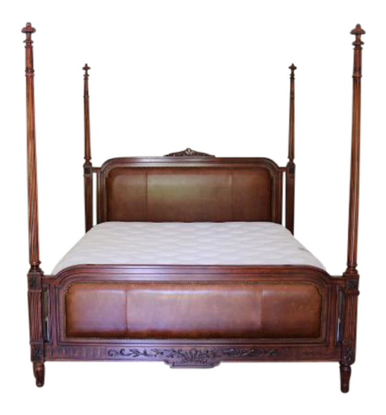 Henredon Style King Size Four Poster Bed With Leather and brass Accents
