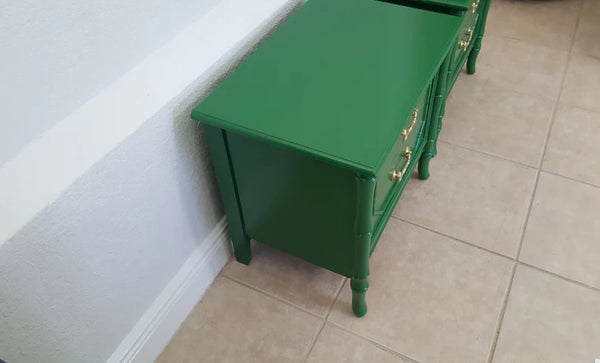 Nightstand Faux Bamboo Broyhill Hollywood Regency Glossy Green Palm Beach a Pair