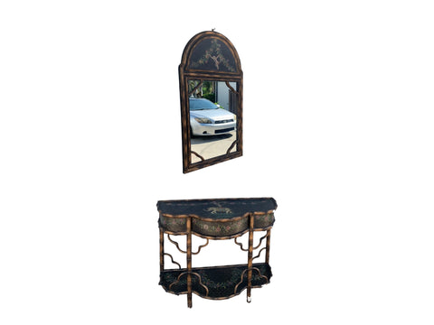 Vintage Faux Bamboo Chinoiserie Safari Themed Palm Beach Regency Console Table Mirror Set of 2
