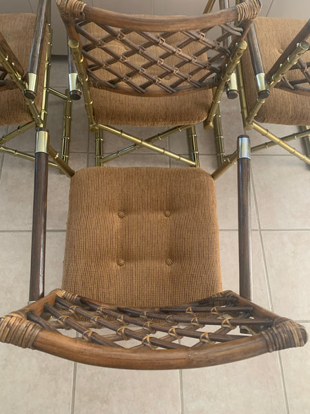 Late 20th Century Daystrom Brass Faux Bamboo Lattice Rattan Directors Arm Chairs Dining set