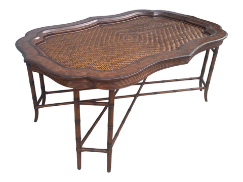 Beautiful Maitland Smith Rattan & Faux Bamboo Leather Wrapped Tray Coffee Table