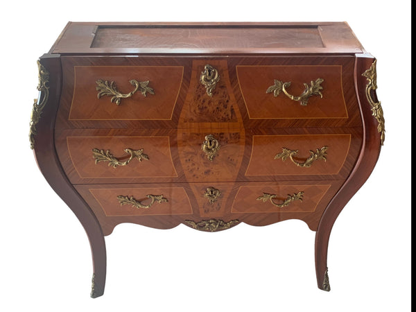 Marquetry French Bombe Inlaid Chest of 3 Drawers Louis XV with marble top