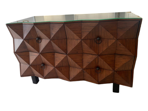 Diamond Front Crushed Bamboo Dresser/ Chest with rattan wrapped legs
