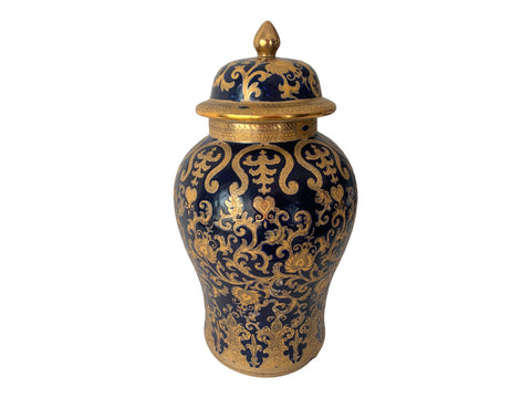 Vintage Scroll Navy & Gold Heavy Porcelain Ginger Jar With Rimmed Gold Filigree