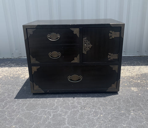 Thomasville ebonized Asian inspired cabinet with decorative brass hardware