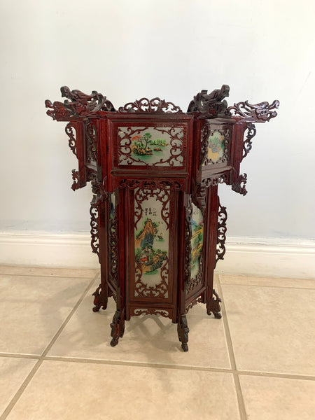 Antique Asian Carved Wood Zitan Lantern Hand Painted Glass Panels