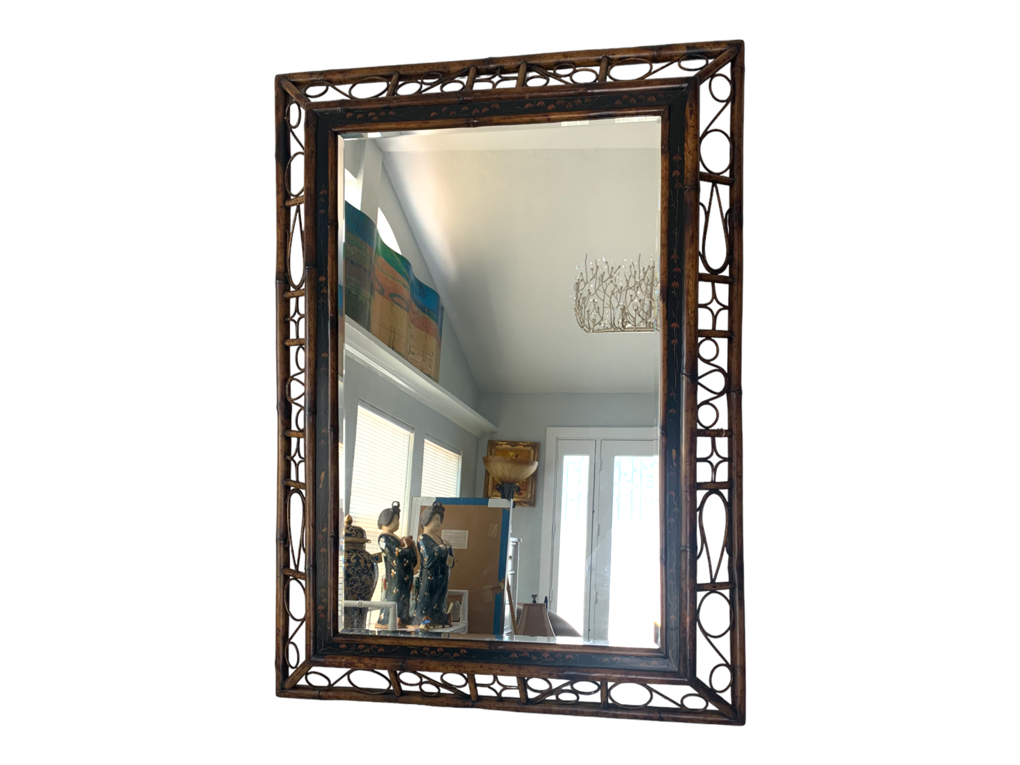 Bentwood burnt bamboo frame wall beveled mirror.