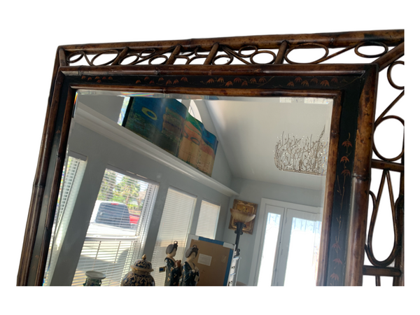 Bentwood burnt bamboo frame wall beveled mirror.