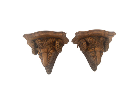 Wood Carved Rams Head Brackets Shelf a pair vintage