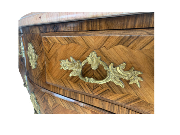 Marquetry French Bombe Inlaid Chest of 3 Drawers Louis XV with cream marble top