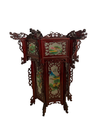 Antique Asian Carved Wood Zitan Lantern Hand Painted Glass Panels