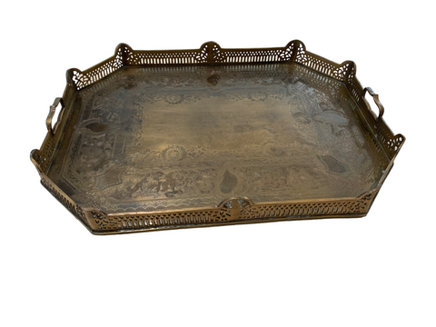 Vintage Large Castilian Brass Serving Tray With Handles and Feet
