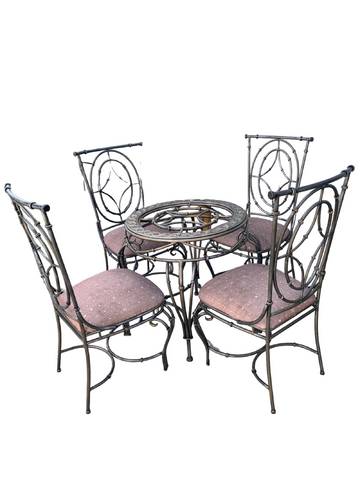 Mid 20th Century Vintage Scrolled Faux bamboo Wrought Iron Dining Set of 5