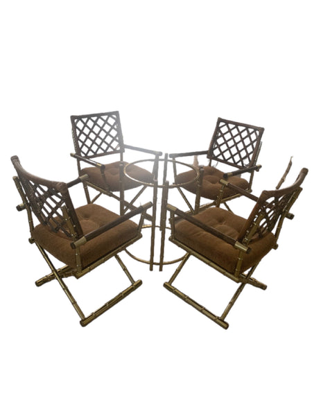 Late 20th Century Daystrom Brass Faux Bamboo Lattice Rattan Directors Arm Chairs Dining set