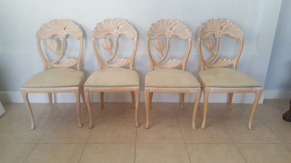 4 Italian Art Nouveau Carved Wood Floral Back Dining Chairs Morris Style by Andre Originals