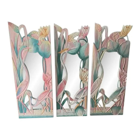 Lot of 3 tropical coastal wall mirror wooden carved herons flowers multicolored