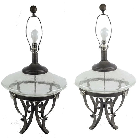 Large Wrought Iron Glass Refillable Table Lamps Vintage Pair