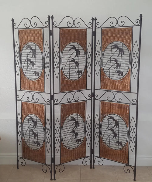 Wrought Iron Woven Rattan Palms and Elephant Design Room Divider